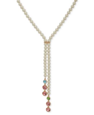 Emily in Paris - Gold-Tone Muti Stone & Imitation Pearl Lariat Necklace, 20" + 3" extender