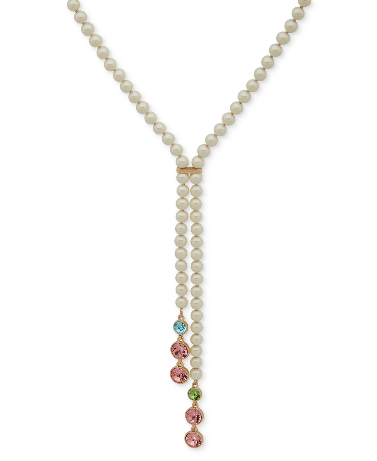 Gold-Tone Muti Stone & Imitation Pearl Lariat Necklace, 20" + 3" extender - Multi