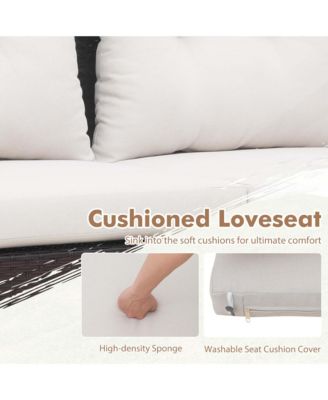 Set of 2 PE Wicker Furniture Set Loveseat w/ Acacia Wood Coffee Table Patio