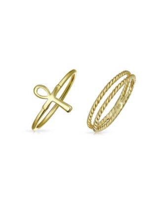 Minimalist Ankh Cross Twisted Stackable Bands Silver Ring Set 14K Gold Plated
