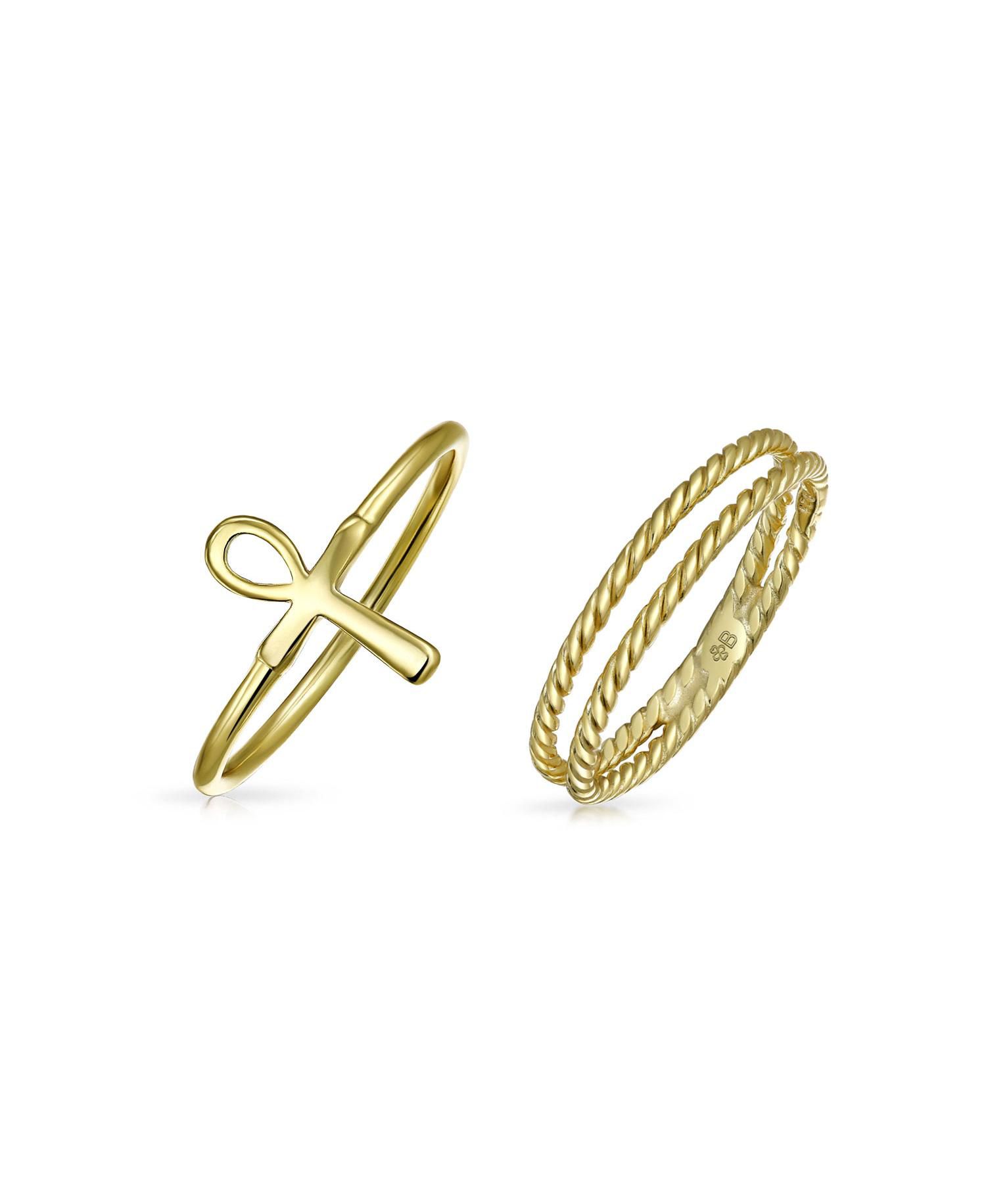 Religious Egyptian Ankh Cross Ring Band Set Gold Plated 925 Sterling Silver
