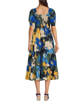 Женское хлопчатобумажное платье миди с пышными рукавами Dobby Миди из хлопка Lands' End с приталенным силуэтом