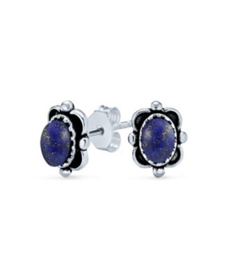 Boho Western Style Small Rectangle Oval Blue Lapis Turquoise Stud Earrings Oxidized .925 Sterling Silver
