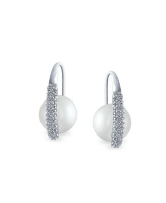 White Pearl Dangle Chandelier Earrings with CZ Pave and Silver Plating