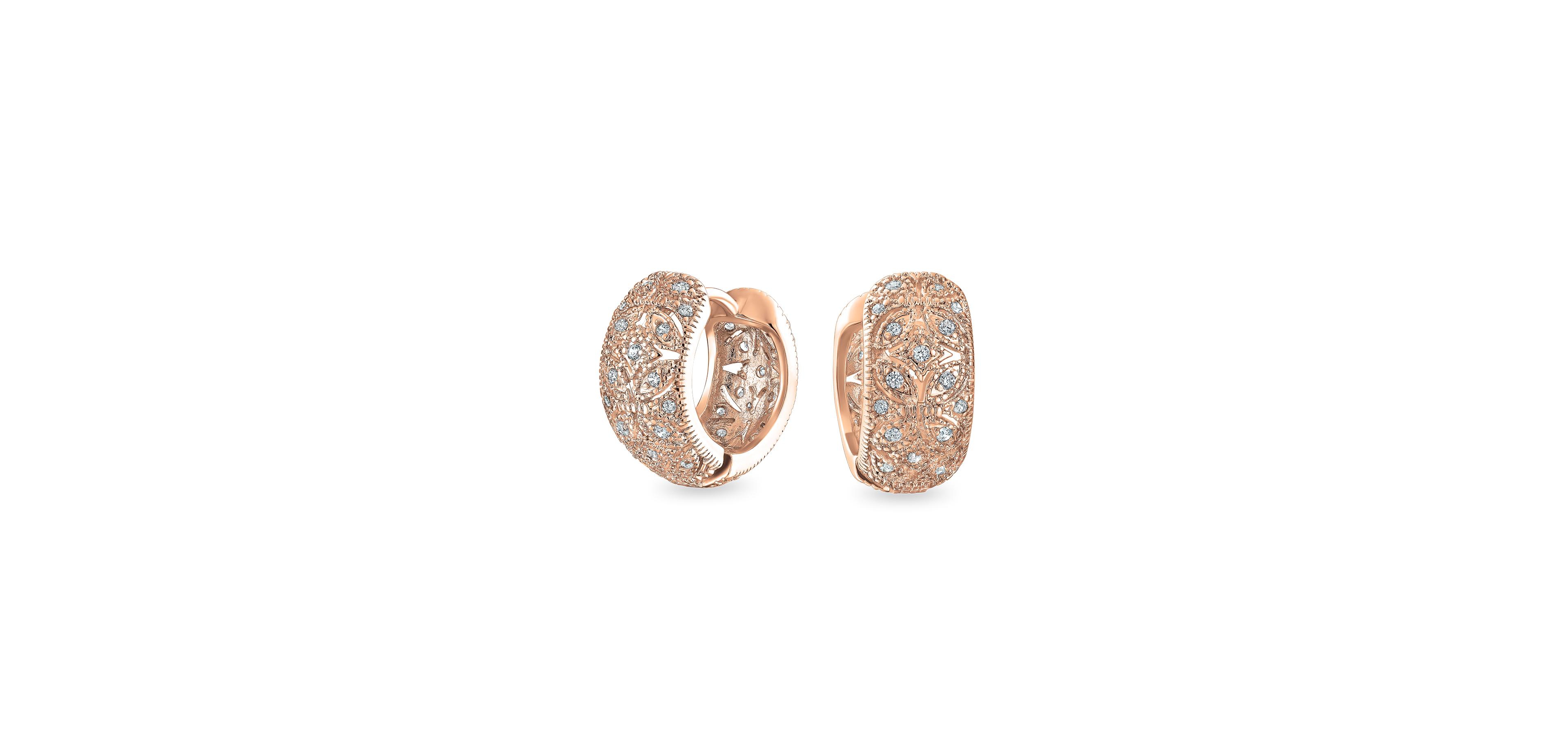 Bling Jewelry Victorian Style Filigree Flower Cz Accent Wide Huggie Hoop Earrings Cubic Zirconia Silver Rose Gold Plated