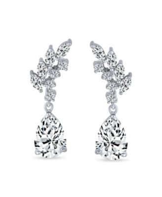 Prom Leaf Teardrop Dangle Chandelier Earrings Silver Cubic Zirconia 1.3 Inch