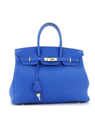 Бывшая в употреблении сумочка Hermes Birkin 35 синего цвета из Того с золотой фурнитурой