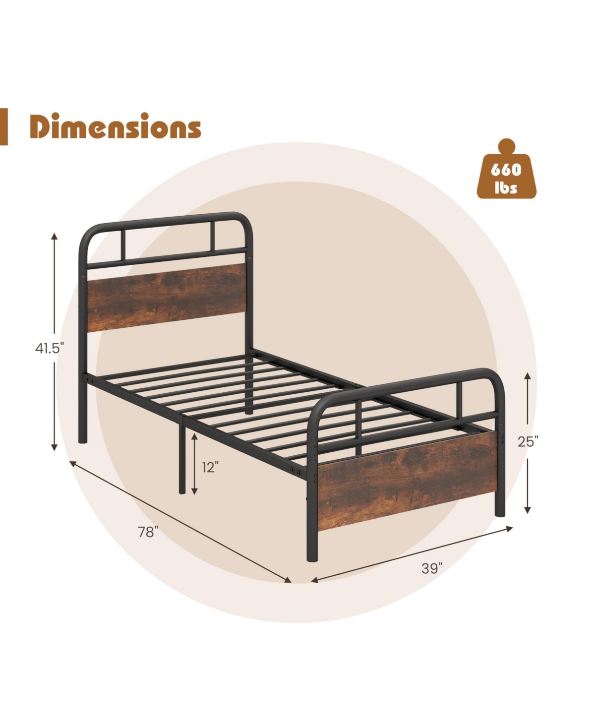 Twin Size Bed Frame with Industrial Headboard-Twin Size
