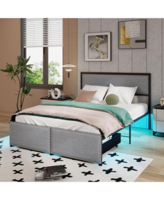 Full Size Bed Frame with LED Lights Drawer and Metal Slats-Full Size