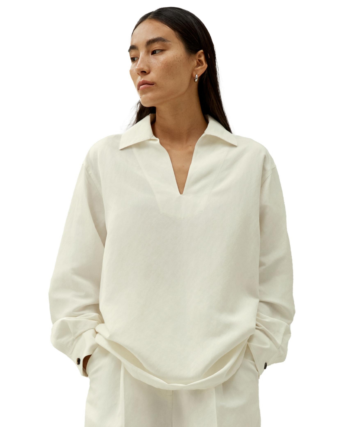 Women's Oversized Silk-Linen Blend Shirt - Natural white
