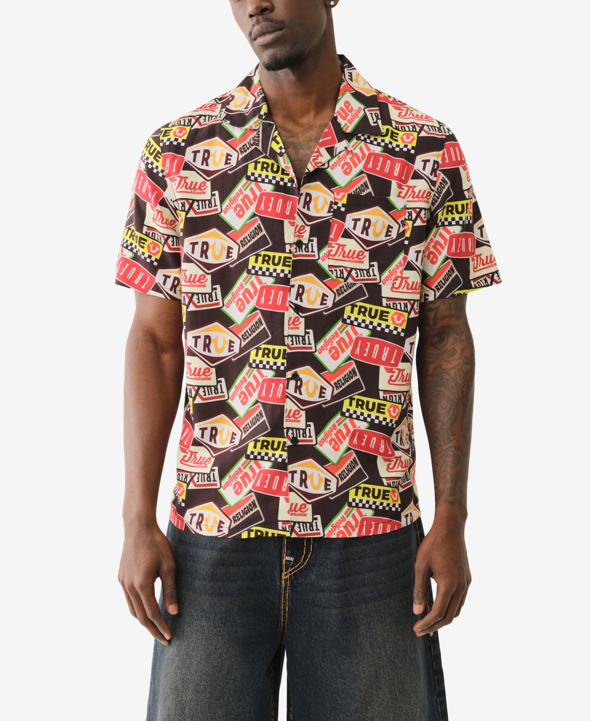 True Religion Men's Short Sleeve Camp Allover Print Shirt In Jet Black