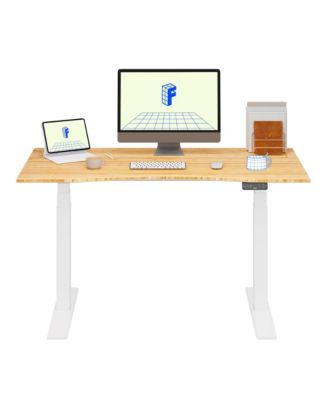 E7-COMMERCIAL 55  W Electric Adjustable Standing Desk, Curved Bamboo Top, White Frame