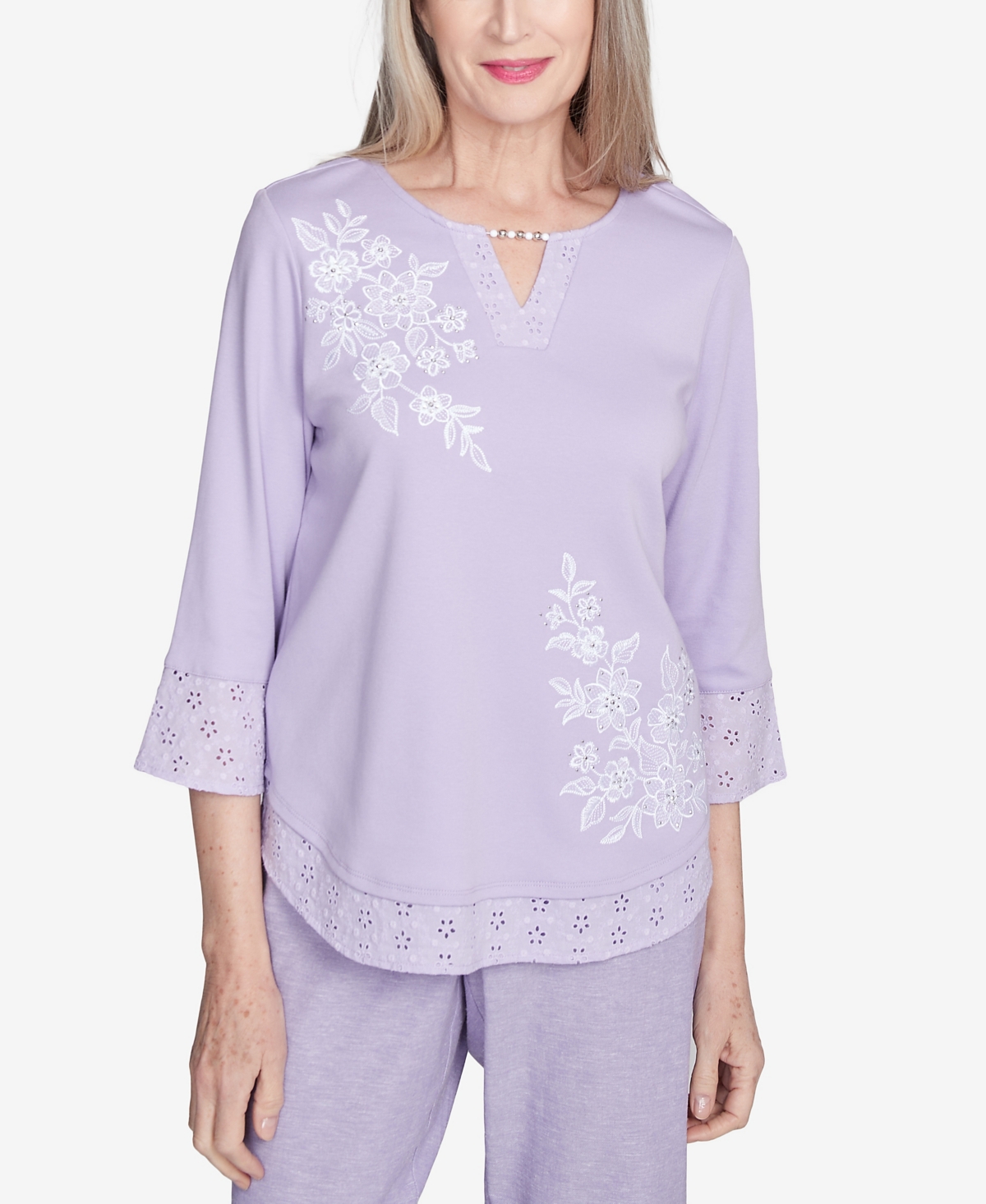 Alfred Dunner Plus Size Crystal Springs Floral Embroidered Eyelet Sleeve Top In Lilac