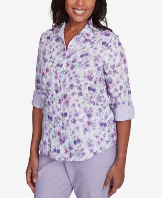 Women's Crystal Springs Floral Contrast Cuff Button Down Top