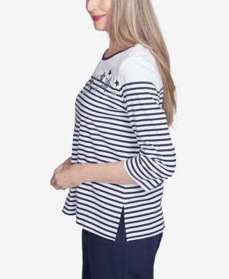 Women's Land of The Free Striped Star-Studded Crew Neck Top