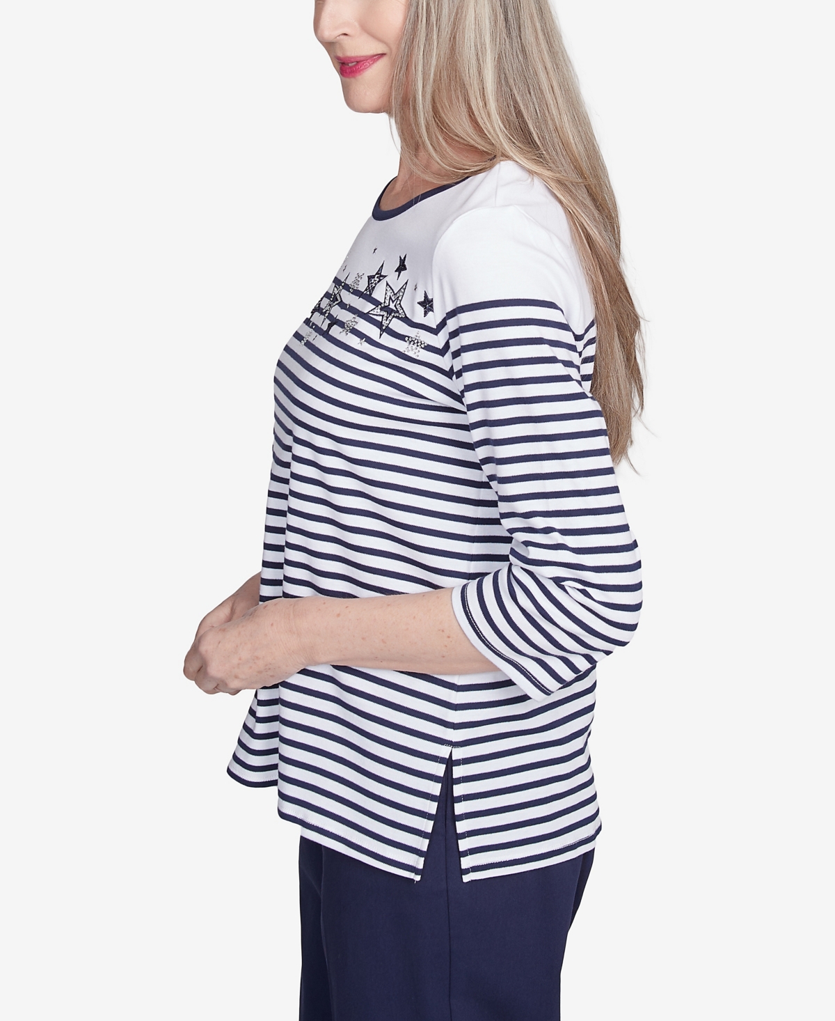 Alfred Dunner Women's Land of The Free Striped Star-Studded Crew Neck Top