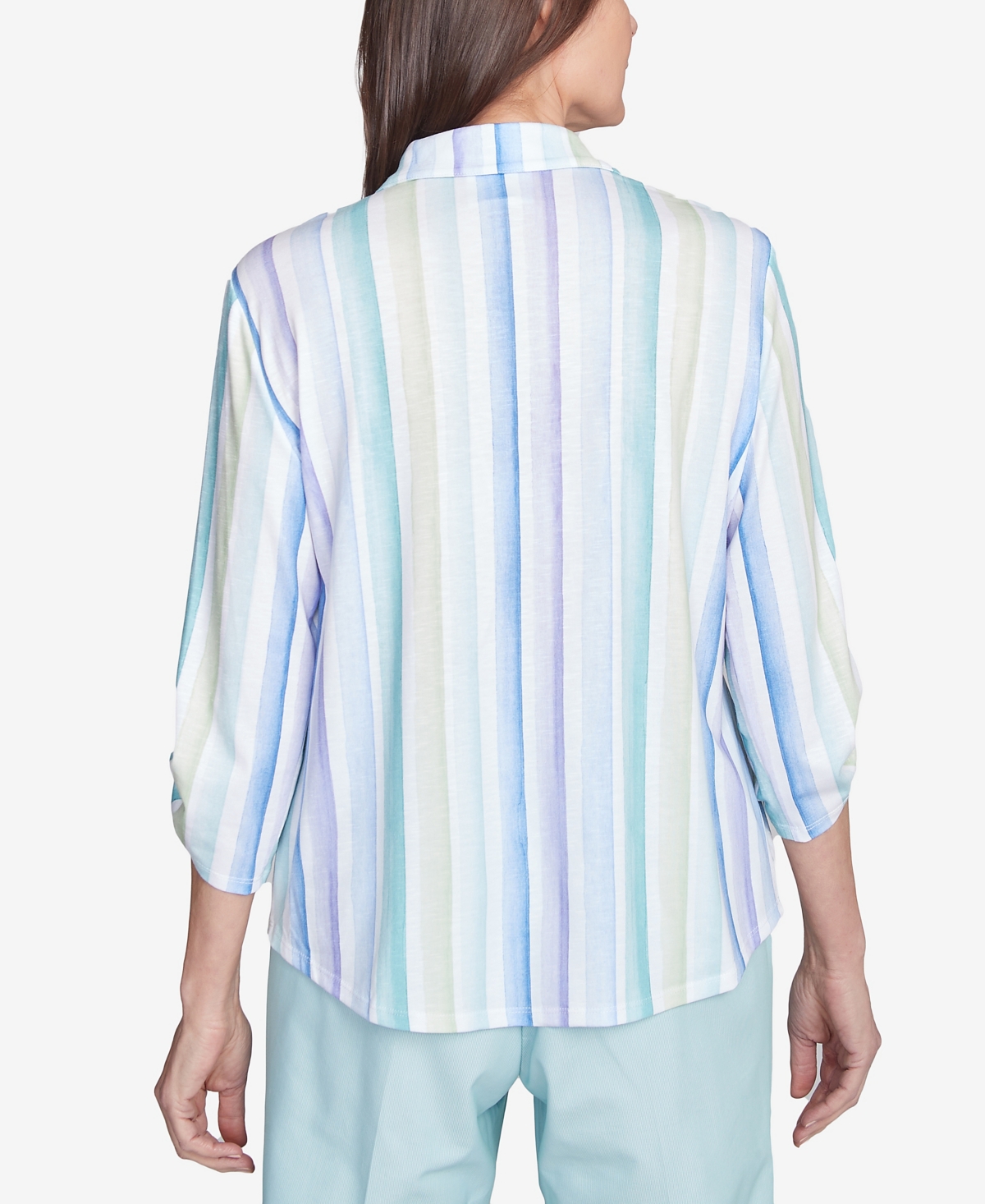 Shop Alfred Dunner Women's St. Thomas Island Mint Stripe Knit Collared Neck Top In Mint Multi