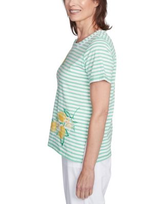 Women's Rise Shine Lemon Printed Striped Crew Neck T-Shirt