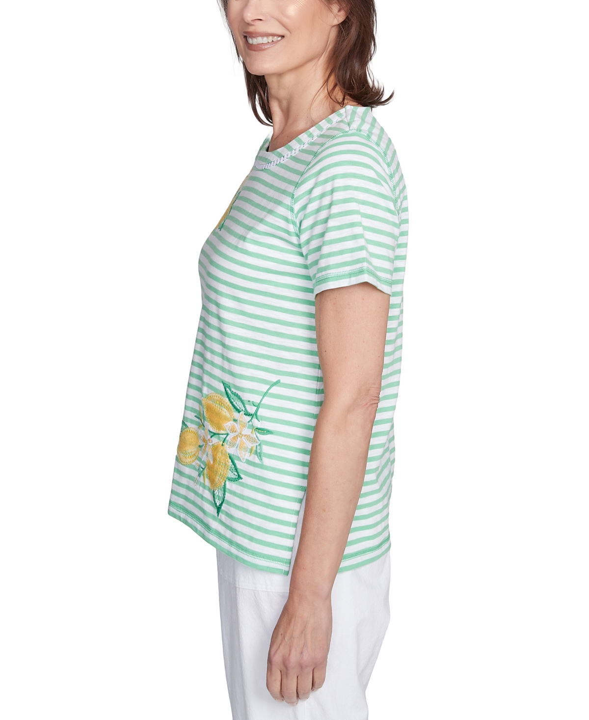 Alfred Dunner Petite Rise Shine Lemon Printed Striped Top In Lime
