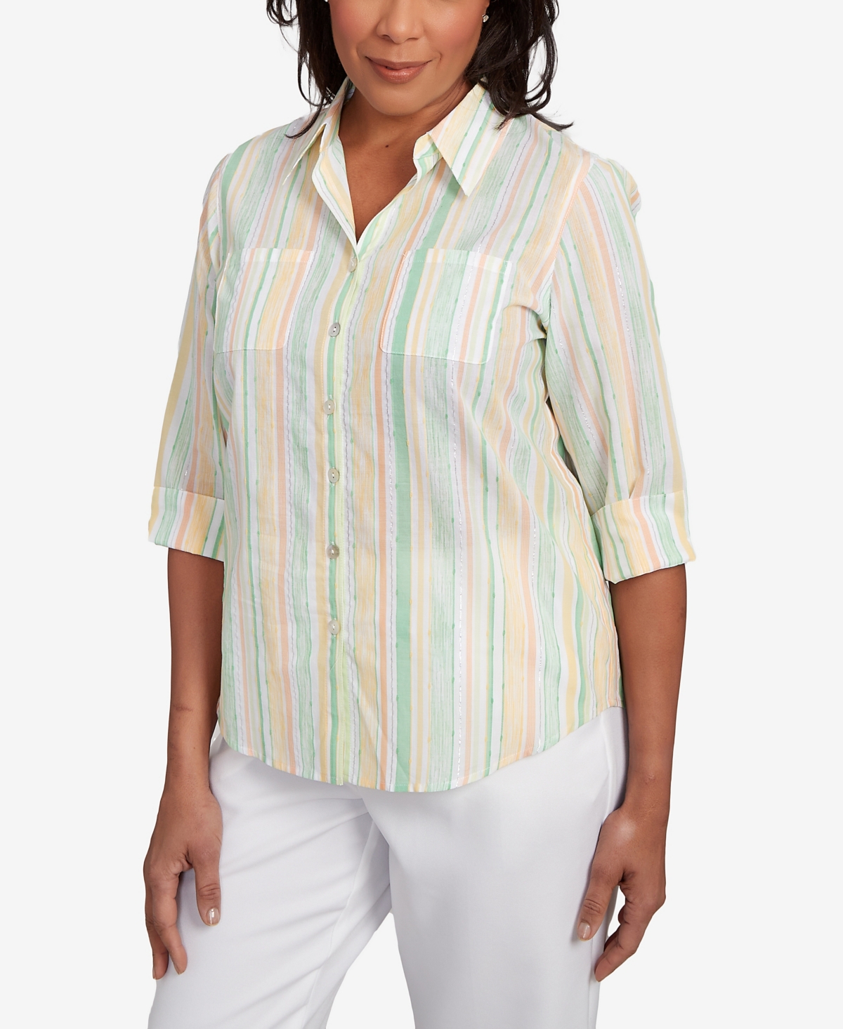 Alfred Dunner Petite Rise Shine Sunny Stripes Button Down Top In Lime Multi