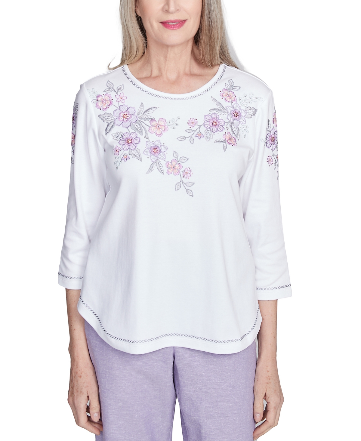 Women's Crystal Springs Embroidered Flower Crew Neck Top - White