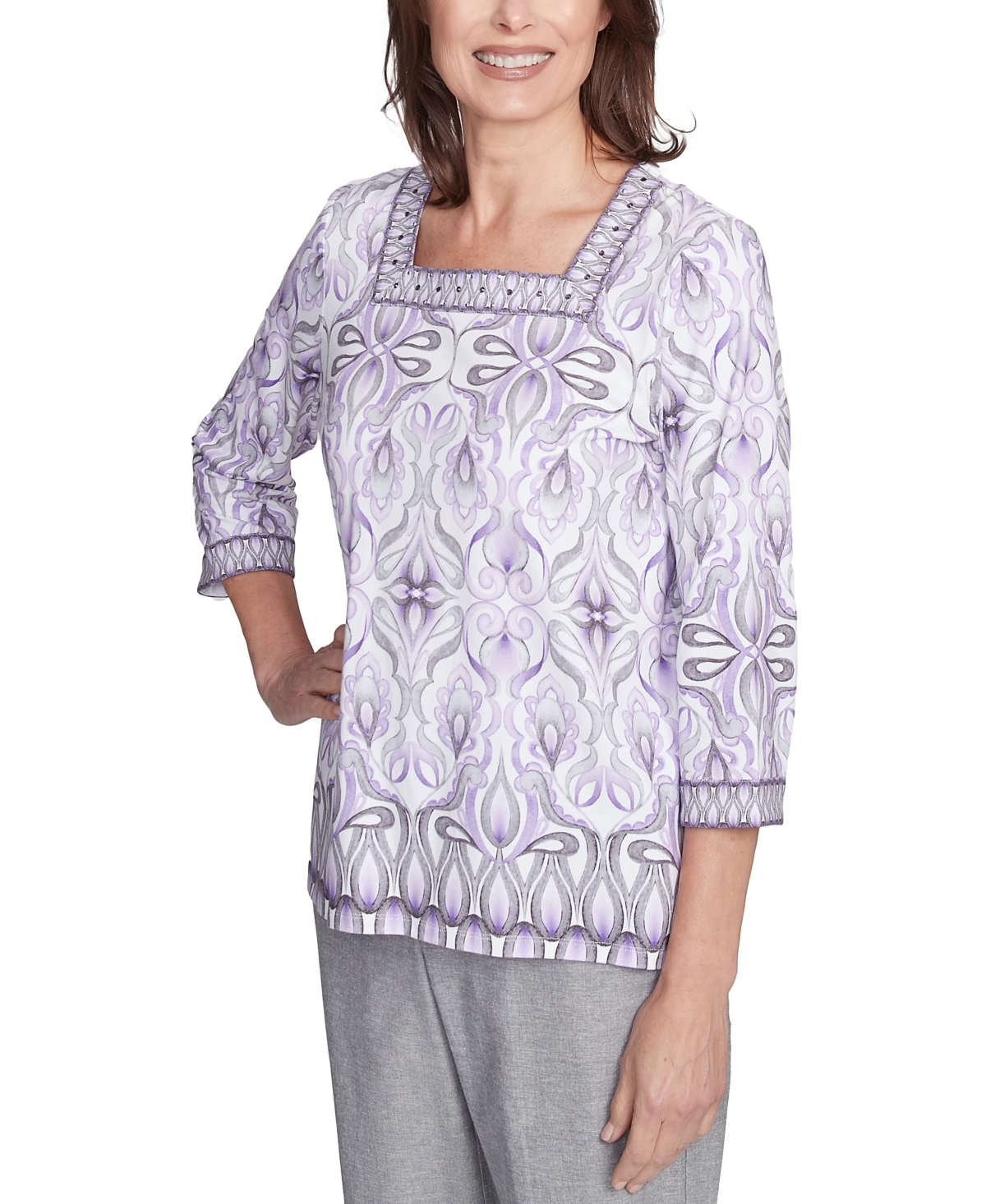 Alfred Dunner Petite Crystal Springs Border Medallion Kaleidoscope Top In Lilac Multi