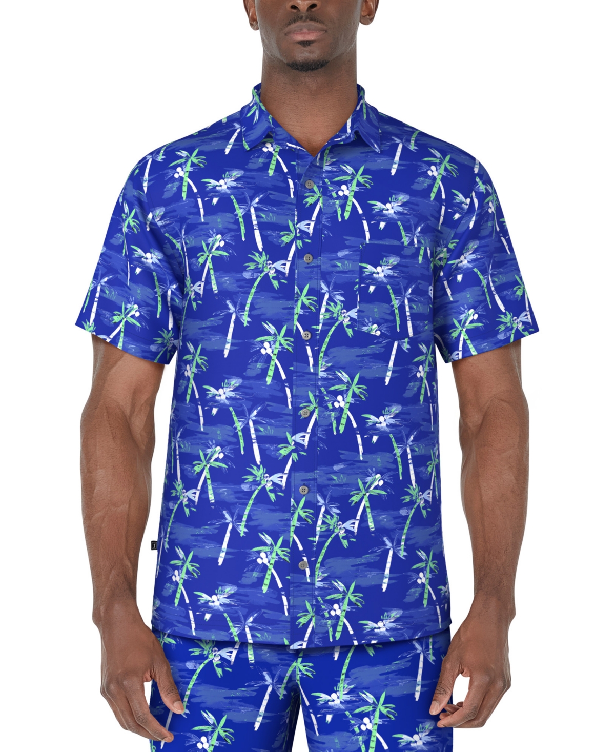 Men's Short Sleeve Watercolor Palm Print Button-Front Shirt - Princess Blue