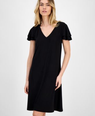 Petite V-Neck Short-Flutter-Sleeve Sheath Dress