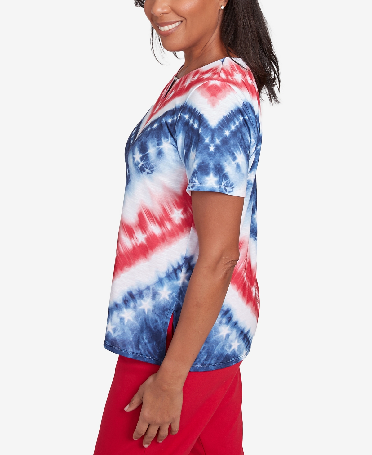 Alfred Dunner Petite Land Of The Free Tie Dye American Chevron Short Sleeve Top In Multi Red