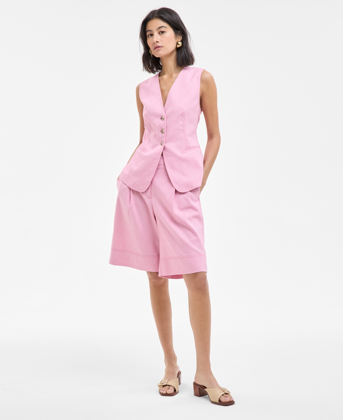 Women's V-Neck Sleeveless Button-Front Vest - Flamingo Pink