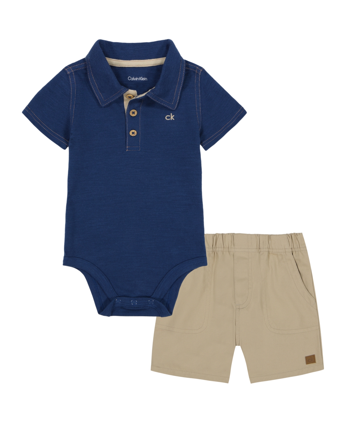 Shop Calvin Klein Baby Boys 2-piece Plaid Polo Woven Bodysuit And Twill Shorts Set In Insignia Blue,white Pepper