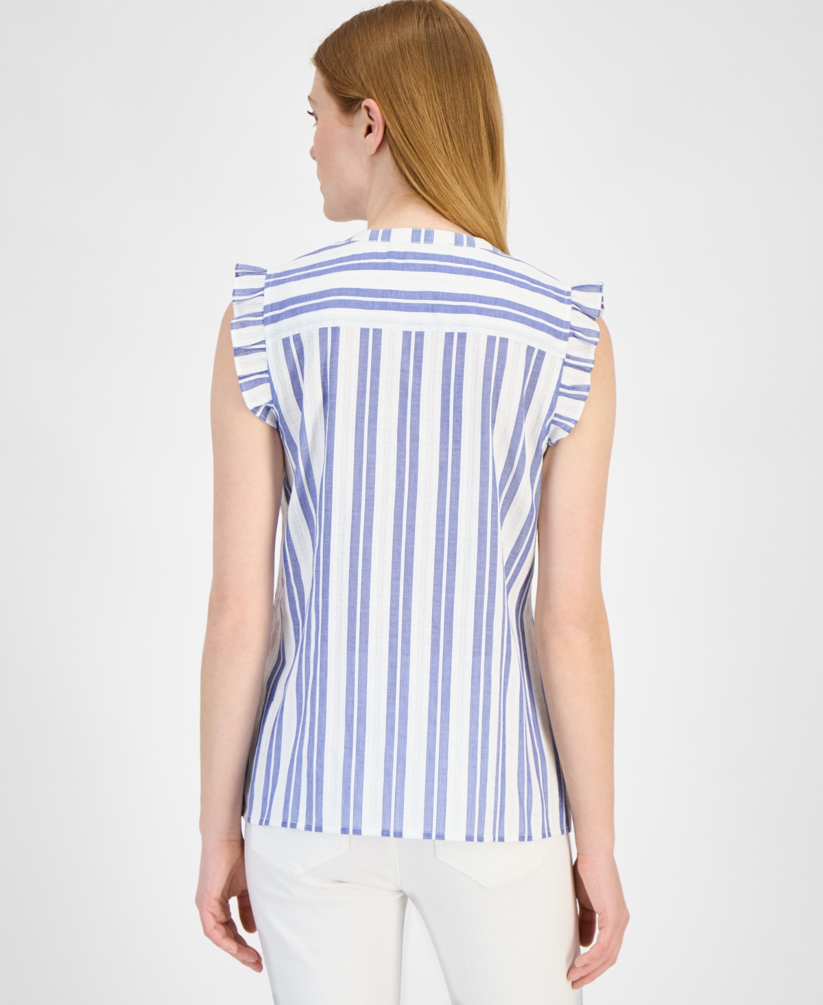 Tommy Hilfiger Women's Cotton Textured-stripe Ruffled Shirt In Bright White,blue