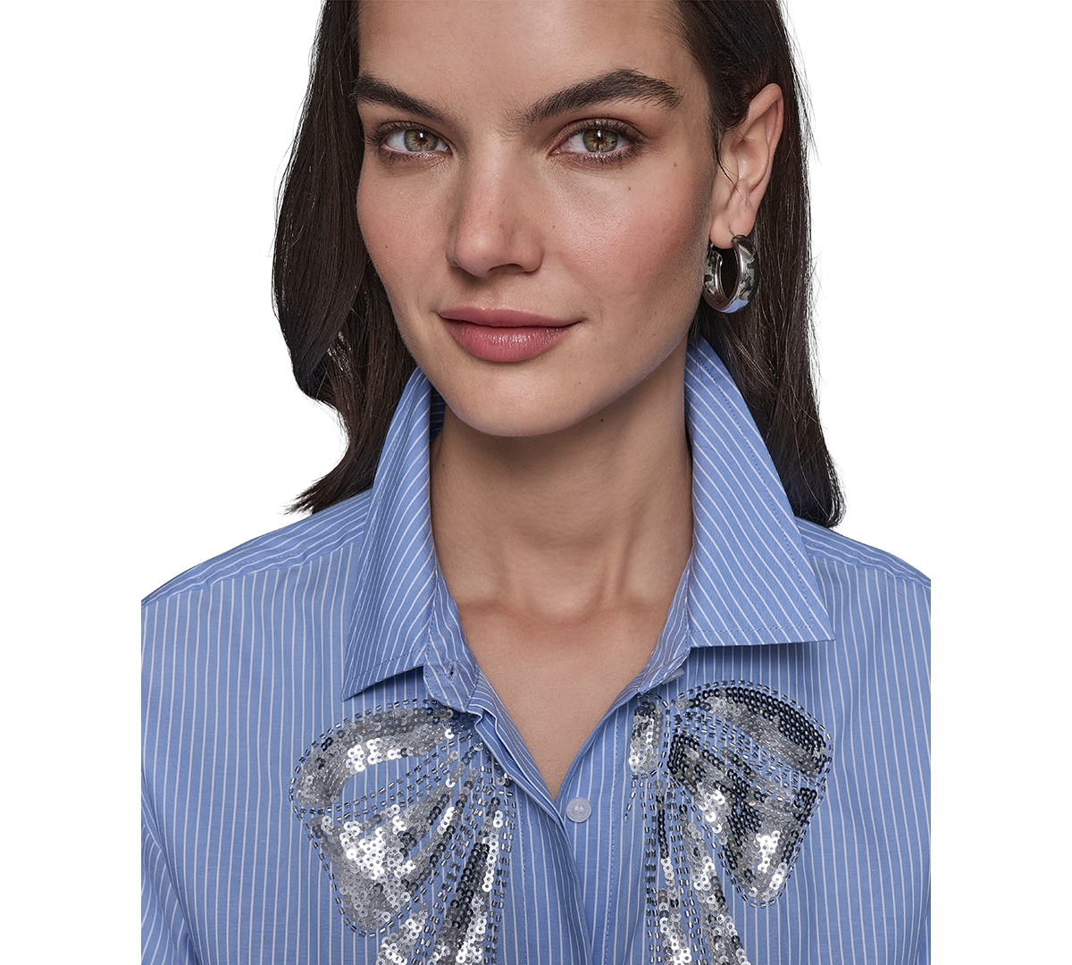 KARL LAGERFELD WOMEN'S SEQUIN-BOW POPLIN BUTTON-FRONT TOP 