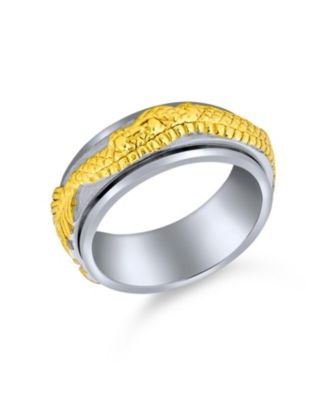 Two Tone Overlay Gold Silver Tones Titanium Steel Exotic 3D Asian Chinese Dragon Fidget Spinner Ring Band Jewelry