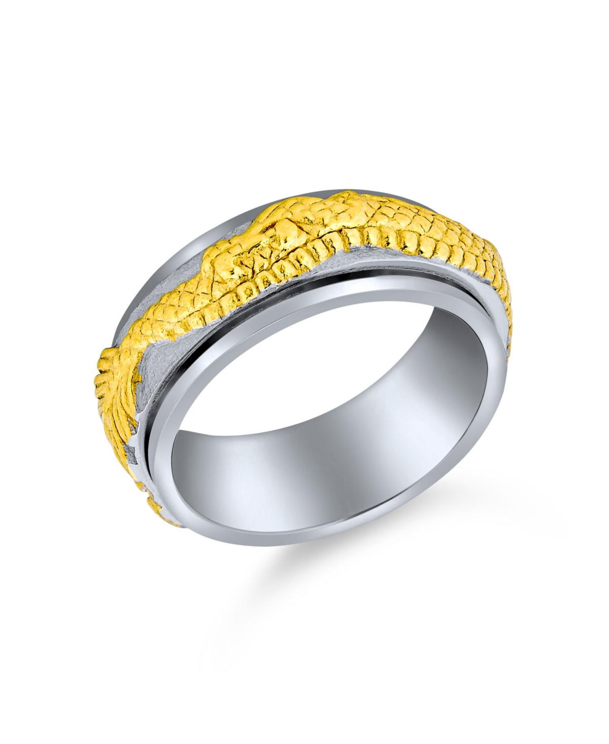 Bling Jewelry Two Tone Overlay Gold Silver Tones Titanium Steel Exotic 3D Asian Chinese Dragon Fidget Spinner Ring Band Jewelry
