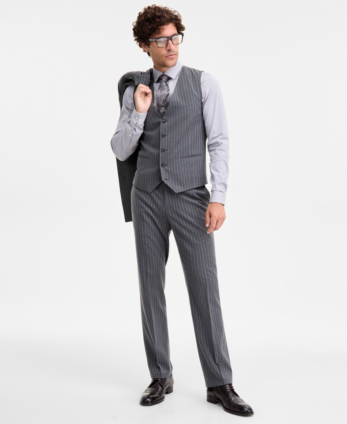 Tayion Collection Men's Classic-Fit Pinstripe Suit Separate Vest