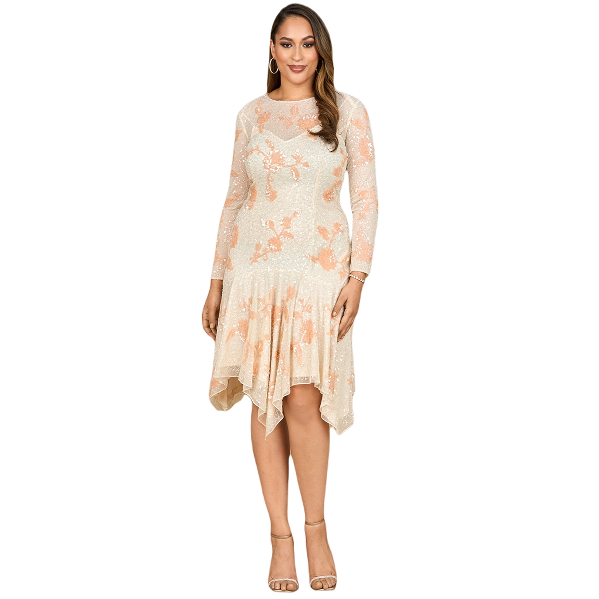 Women's Beaded Midi Dress with Asymmetrical Hem - Grey/gold