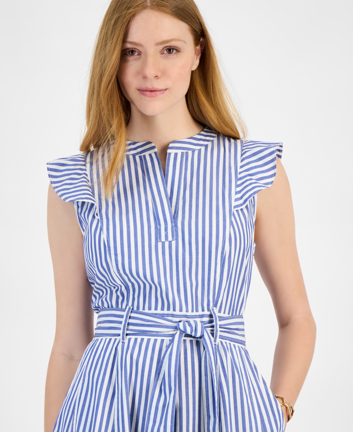 Tommy Hilfiger Women's Cotton Striped Ruffled Midi Dress In Blue