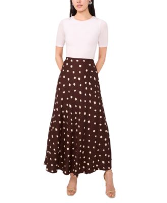 Women's Linen Blend Polka Dot Midi Skirt