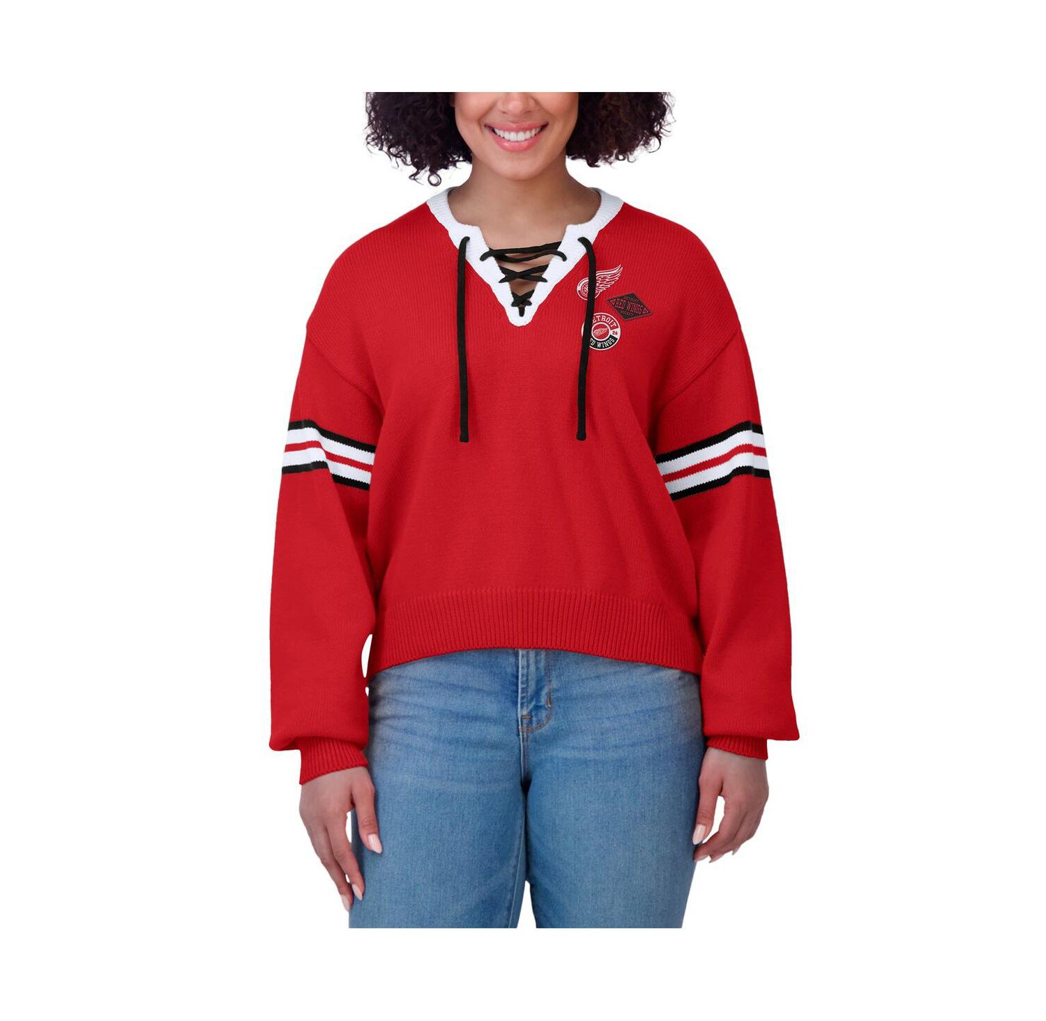 Women's Red Detroit Red Wings Cropped Lace-Up Sweater