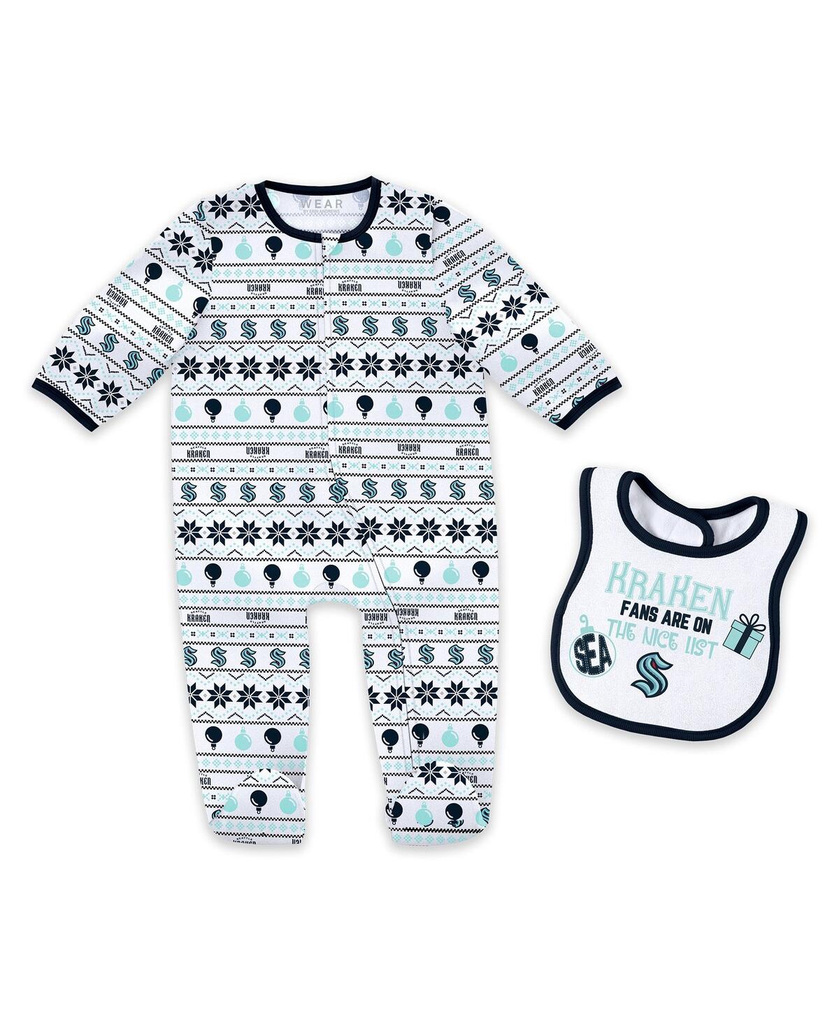 Wear By Erin Andrews Newborn 2-piece Seattle Kraken Allover Print Full-zip Sleeper And Bib Christmas Set In White