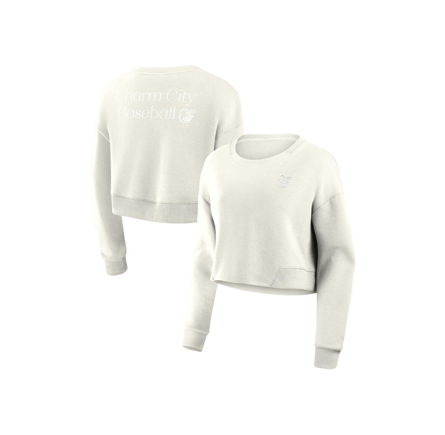 Women's Cream Baltimore Orioles Relax Studio Cropped Pullover Sweatshirt