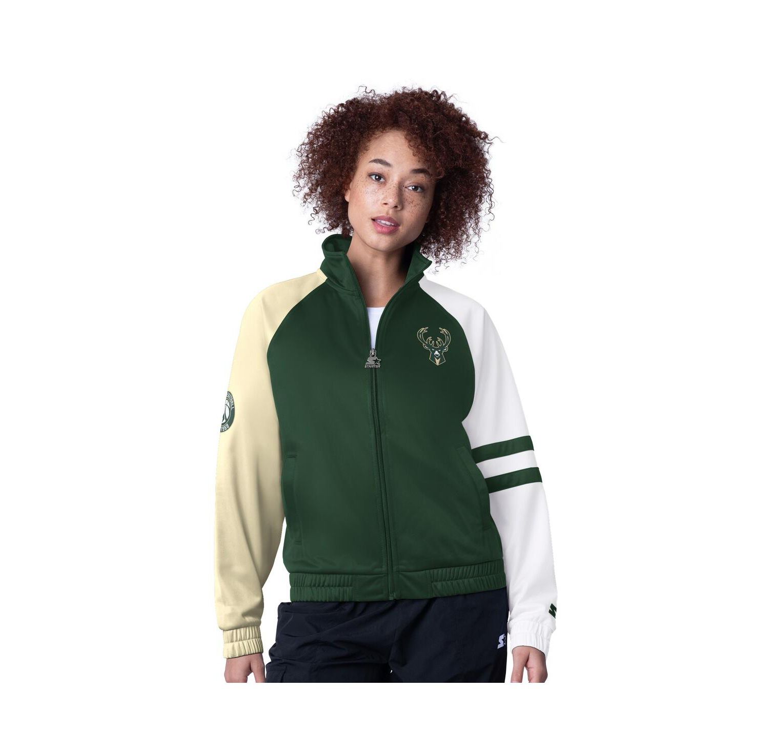 Women's Hunter Green Milwaukee Bucks Line Up Dolman Raglan Full-Zip Track Jacket