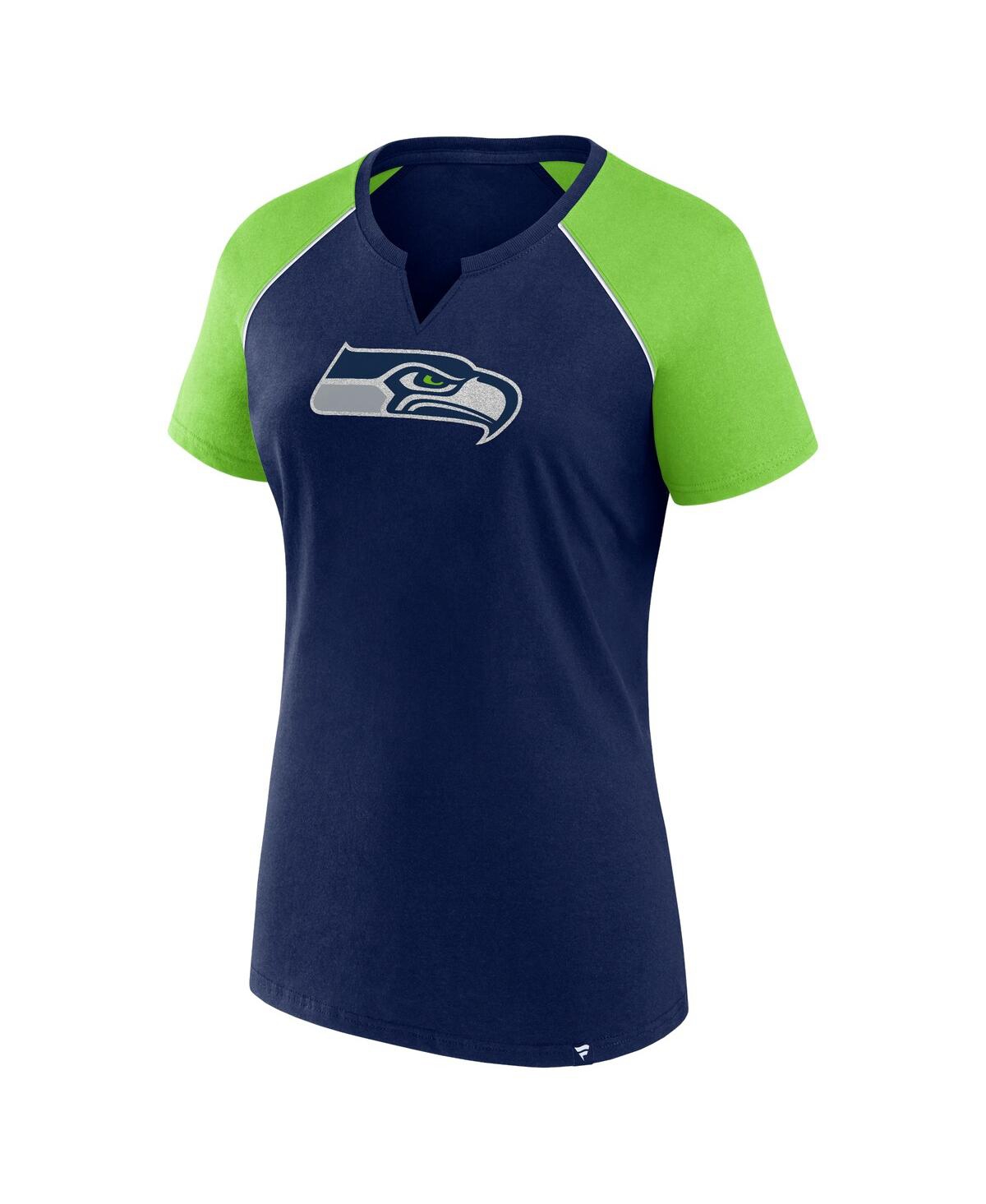 Fanatics Women's College Navy/neon Green Seattle Seahawks Glittered Primary Raglan T-shirt In College Navy,neon Green