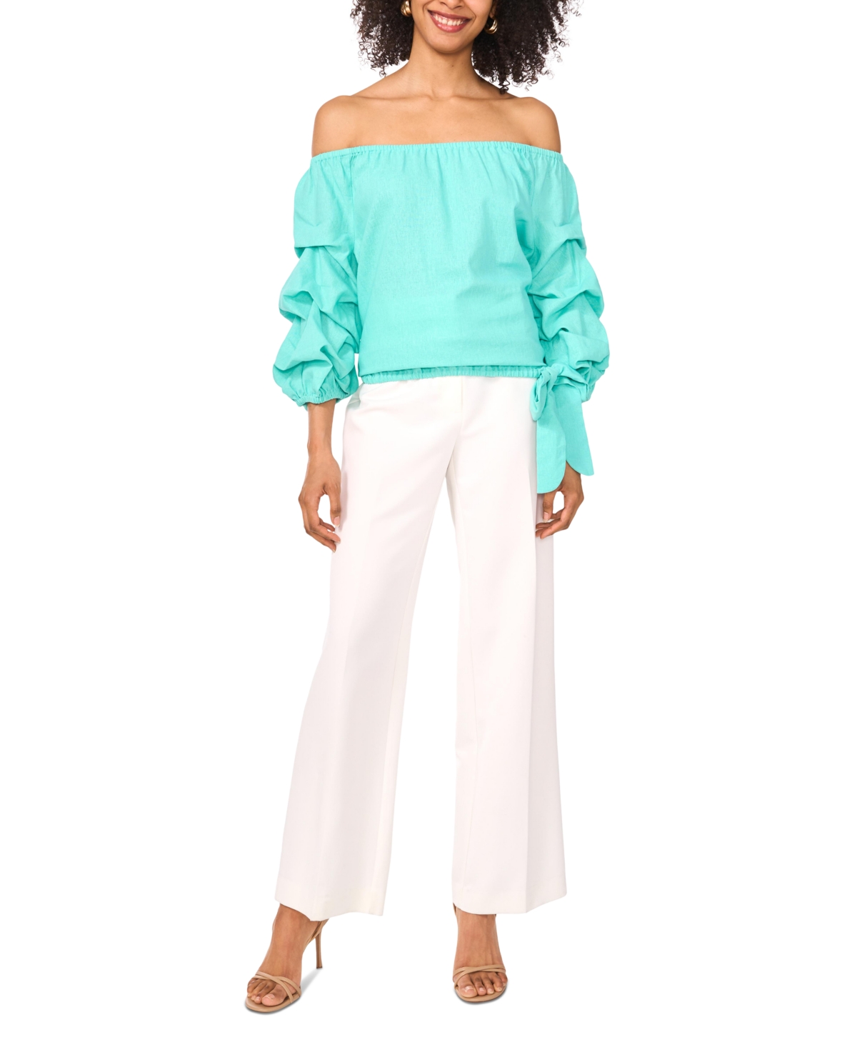 Shop Vince Camuto Women's Linen-blend Off The Shoulder Bubble Sleeve Tie Front Blouse In Ocean Tide