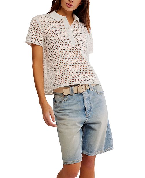 alfani Free People Women's Anna Eyelet Polo Top Women's Fashion Shoes & Accessories