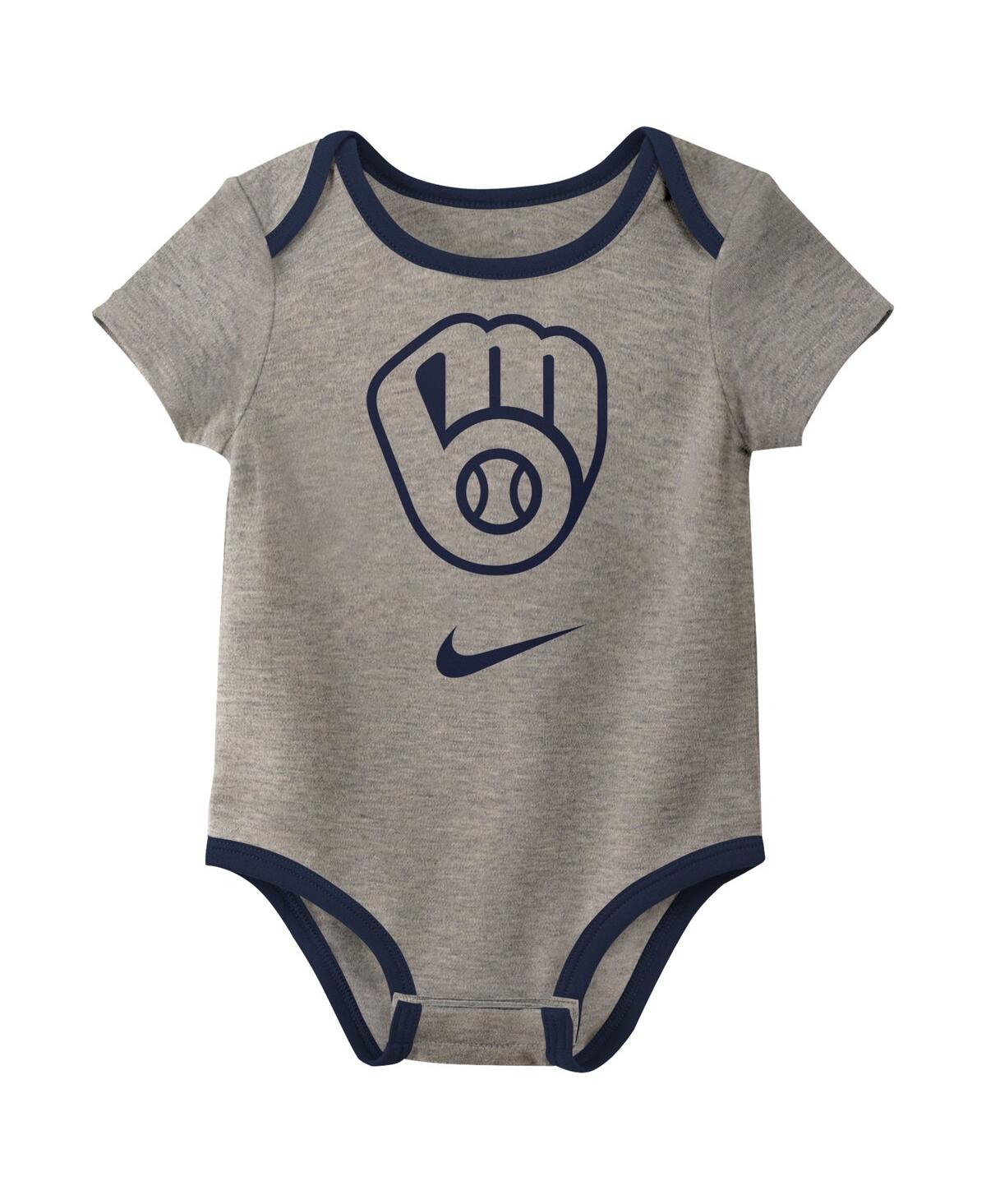 Nike Baby Boys And Girls Milwaukee Brewers Authentic Collection 3-pack Bodysuit Set In Navy,gray