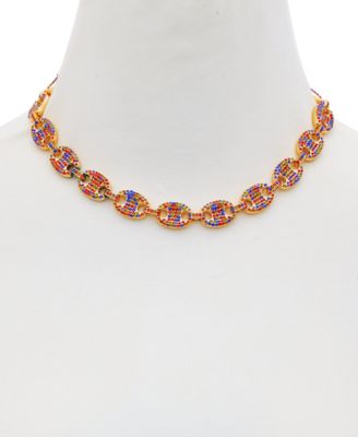 Gold-Tone Rainbow Rhinestone Large Link Collar Necklace, 16" + 2" extender 