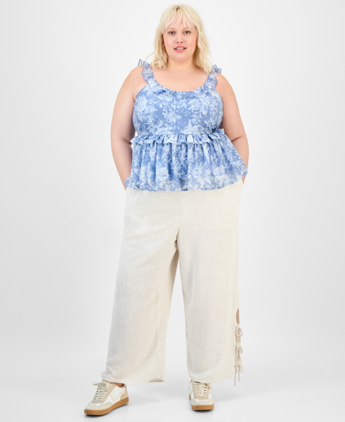 Trendy Plus Tied-Hem Linen Pants, Exclusively at Macy's - Oatmeal