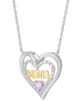 Lab-Created Pink Sapphire (1/3 ct. t.w.) & Diamond (1/10 ct. t.w.) Mama Heart Pendant Necklace in Rhodium-Plated & 14k Yellow Gold-Plated Sterling Silver, 16" + 2" extender